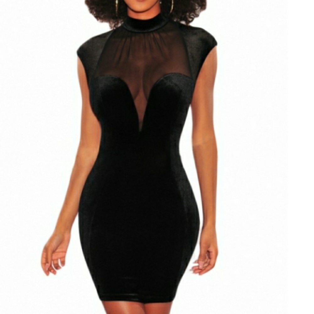 Sexy Mesh Bustier Velvet Mock Neck Dress